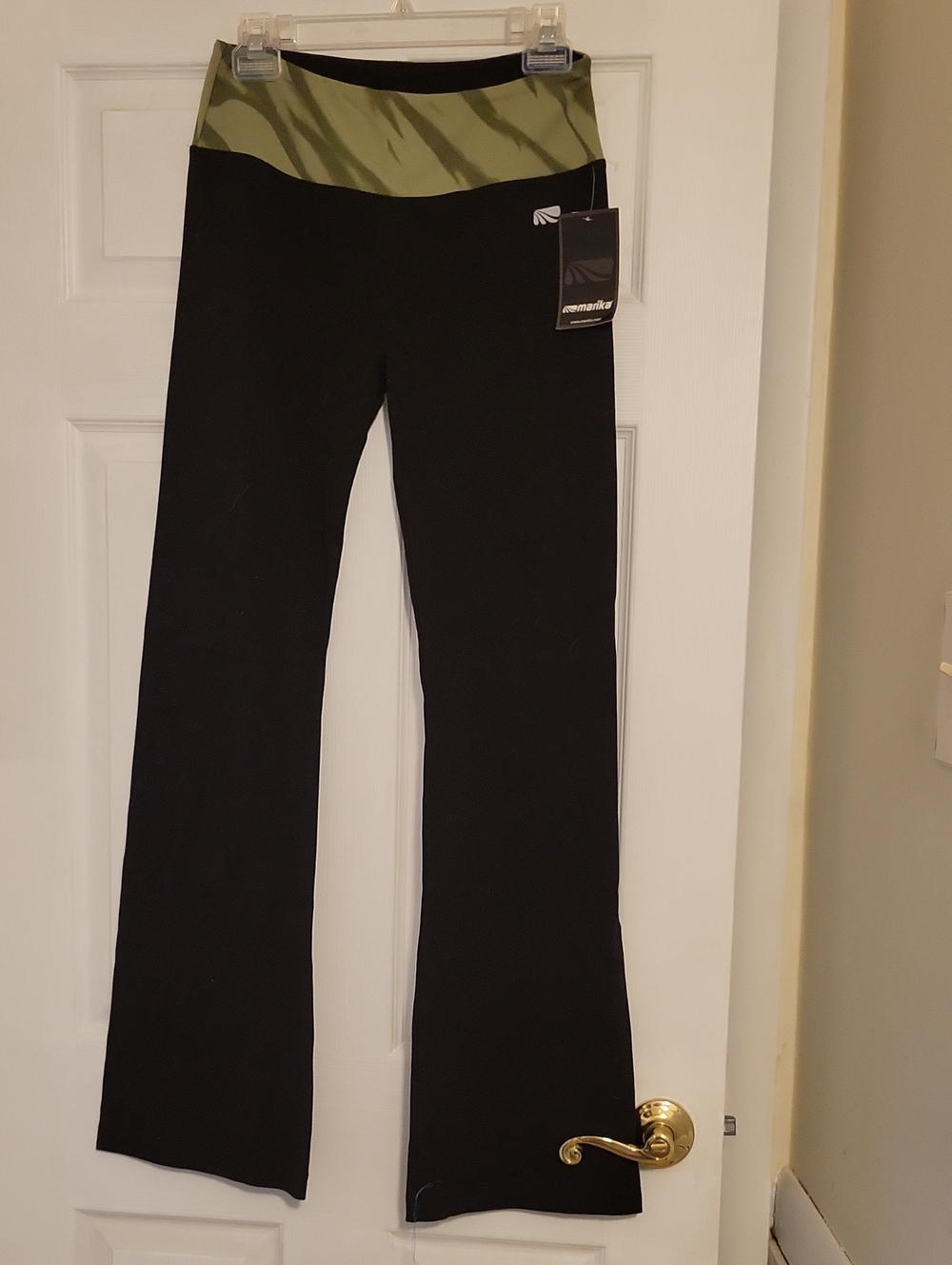 Marika Black Flare Yoga Pants with Olive Waistband